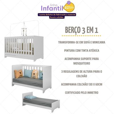 Quarto Infantil Completo Com Berço 3 Em 1 Com Colchão Incluso Multimóveis Mp4384 Branco