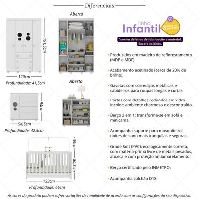Quarto Infantil Completo Com Berço 3 Em 1 Com Colchão Incluso Multimóveis Mp4384 Branco