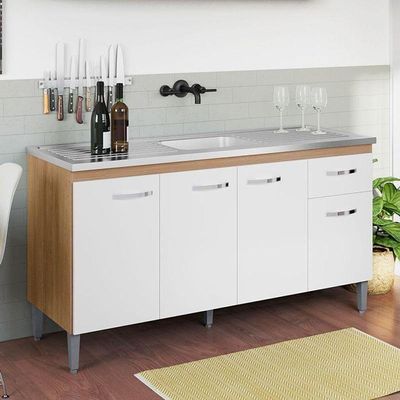 Balcão De Cozinha Para Pia 150cm Gabriela 4 Portas 1 Gaveta Sem Tampo Amêndoa/Branco