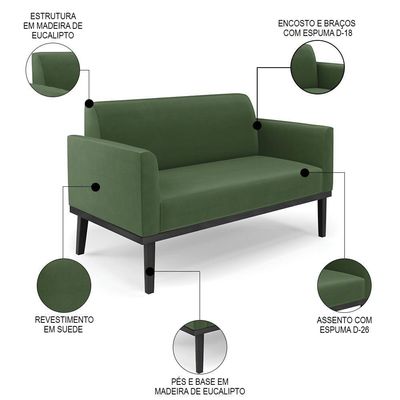 Sofá Namoradeira E 1 Poltrona Base Madeira Preto Maressa Suede Verde - Ibiza