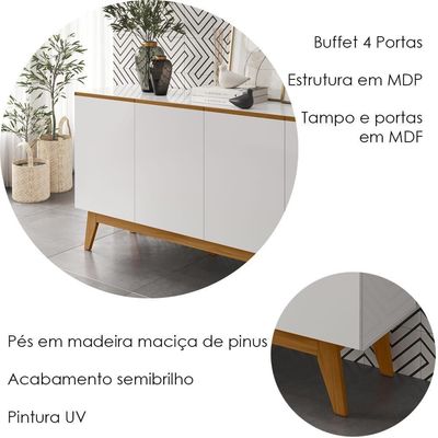 Balcao Buffet Ares 4 Portas 161 Cm Henn Branco Nature