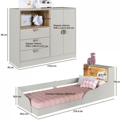 Quarto Infantil com Cama de Solteiro Montessoriana com Led e Cômoda Lille CJ080