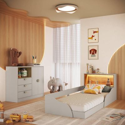 Quarto Infantil com Cama de Solteiro Montessoriana com Led e Cômoda Lille CJ080