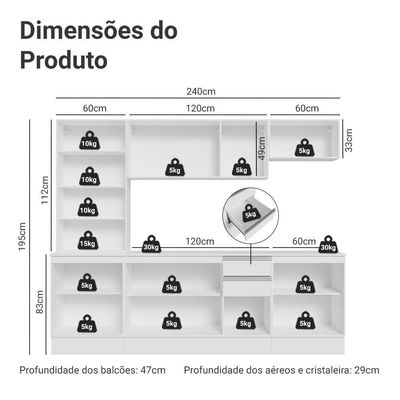 Armário De Cozinha Completa 100% Mdf 240 Cm Smart Madesa 01 Branco
