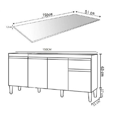 Balcão De Cozinha 150cm Tatiane 4 Portas 1 Gaveta Com Tampo Cinza