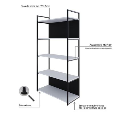 Estante C/05 Prateleiras 152x80x33cm C/fundo Yon Branco Tx/est.preta Branco Tx/est.preta