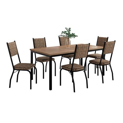 Conjunto de Mesa Retangular com Tampo de MDF Amadeirado e 6 Cadeiras Adriana Revestimento Sintético Marrom e Preto