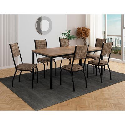 Conjunto de Mesa Retangular com Tampo de MDF Amadeirado e 6 Cadeiras Adriana Revestimento Sintético Marrom e Preto