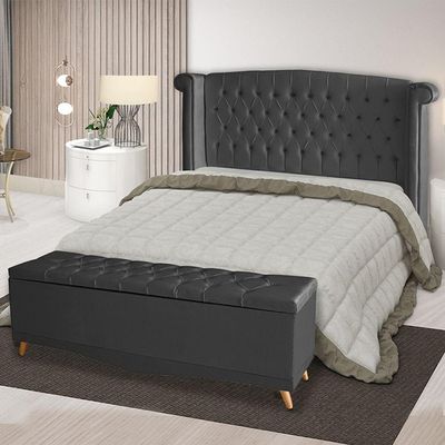 Kit De Quarto Cabeceira De Cama Box E Calçadeira Baú Toquio Casal 140 Cm Suede Grafite Do Lar Móveis E Decoração