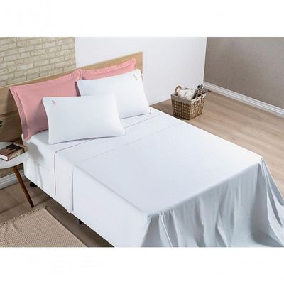 Jogo De Cama Lençol Percal 200 Fios 100% Algodão Bordado Liana Casal Padrão 04 Peças - visual elegante na cor Branco