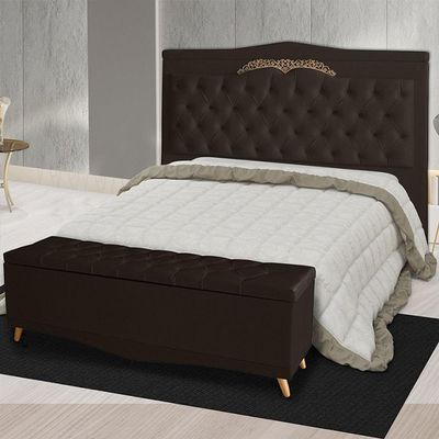 Kit Cabeceira De Cama E Calçadeira Baú Barcelona Capitonê Casal 140 Cm Suede Marrom Casa Móveis E Decoração