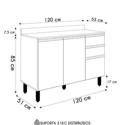 Balcão De Cozinha Com Tampo 120cm Maly N03 Carvalho-off White - Mpozenato