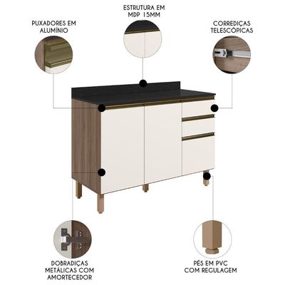 Balcão De Cozinha Com Tampo 120cm Maly N03 Carvalho-off White - Mpozenato