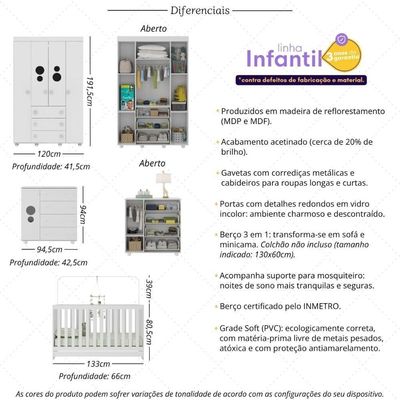 Quarto Infantil Completo Com Berço 3 Em 1 Para Colchão 130x60cm Multimóveis Mp4383 Branco