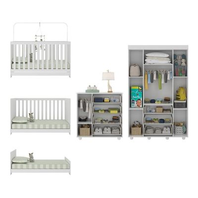 Quarto Infantil Completo Com Berço 3 Em 1 Para Colchão 130x60cm Multimóveis Mp4383 Branco