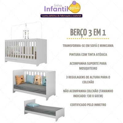 Quarto Infantil Completo Com Berço 3 Em 1 Para Colchão 130x60cm Multimóveis Mp4383 Branco