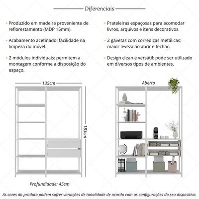 Estante Livreiro Modular 135cm 2 Peças Com 2 Gavetas Multimóveis Mp6029 Branco