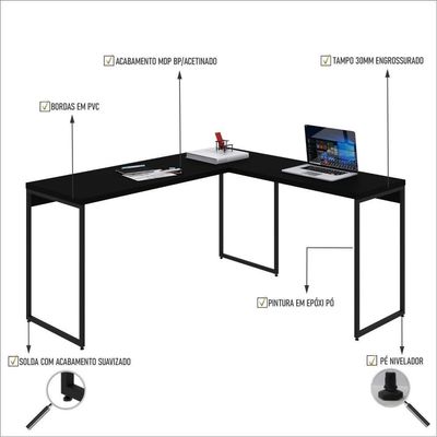 Mesa Em L Dynamica Diretor 150x140x75cm Preto ônix Estrutura preta