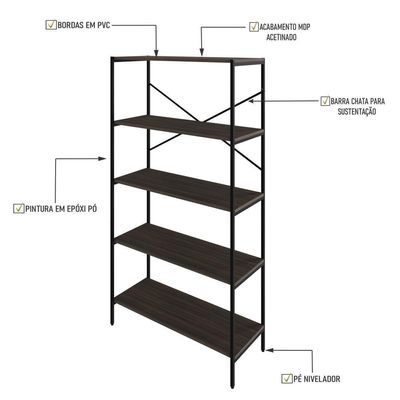 Estante C/05 Prateleiras 152x80x33cm Tub Tueh1585 Nogal - Est.preta Nogal / Est.preta