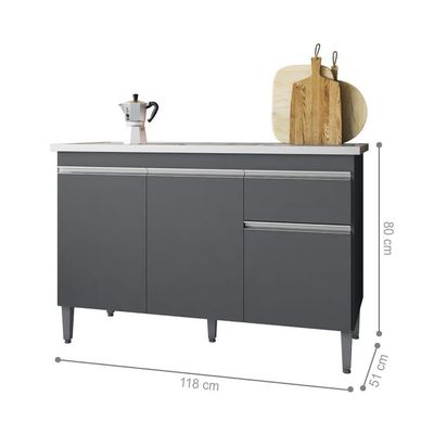 Balcão De Cozinha 2 Portas Oxford Cinza Fosco