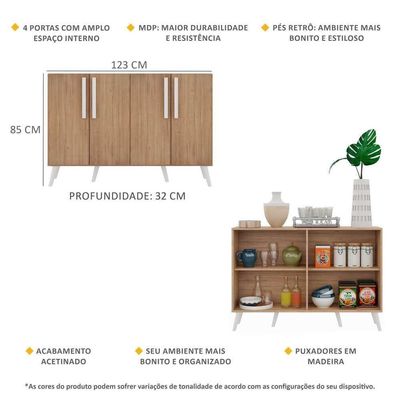 Aparador Buffet 4 Portas Com Pés Retrô Viena Rustic/branco