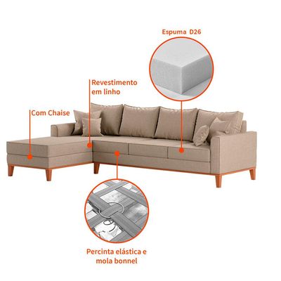 Sofá 4 Lugares Beny Com Chaise Esquerdo Linho Bege