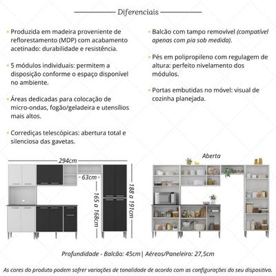 Armário De Cozinha Modulada Completa Compacta 294cm Com Balcão De Pia Multimóveis Mp2280 Branco/preto