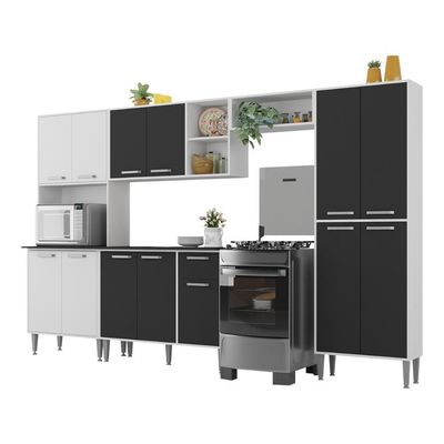 Armário De Cozinha Modulada Completa Compacta 294cm Com Balcão De Pia Multimóveis Mp2280 Branco/preto