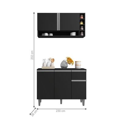 Balcão E Aéreo Para Cozinha Miami Preto Fosco