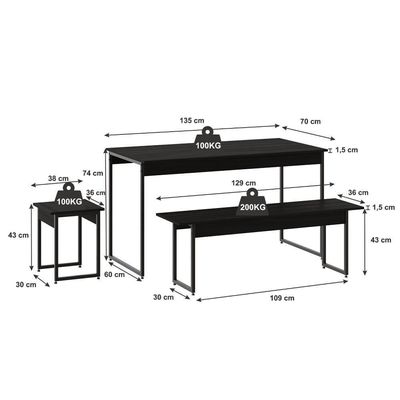 Mesa De Jantar Com 2 Bancos E 2 Banquetas Industrial Tub Preto ônix / Est.preta