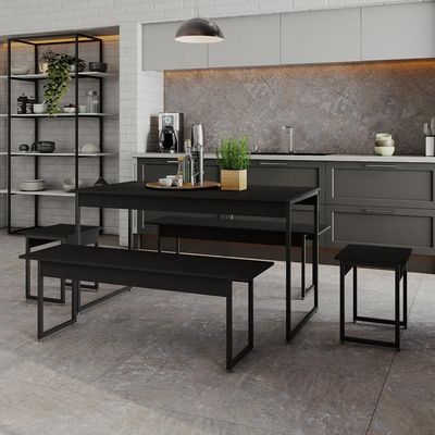 Mesa De Jantar Com 2 Bancos E 2 Banquetas Industrial Tub Preto ônix / Est.preta