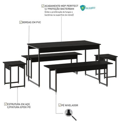 Mesa De Jantar Com 2 Bancos E 2 Banquetas Industrial Tub Preto ônix / Est.preta