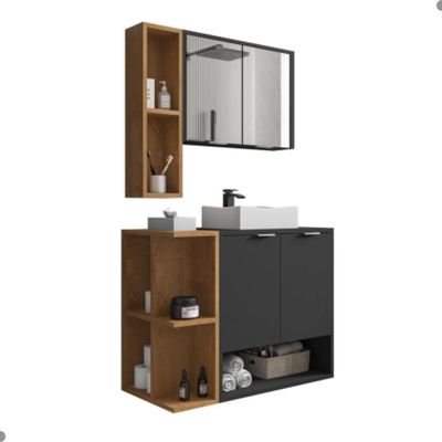 Conjunto Gabinete E Espelheira Rennes Preto Fosco Naturalle