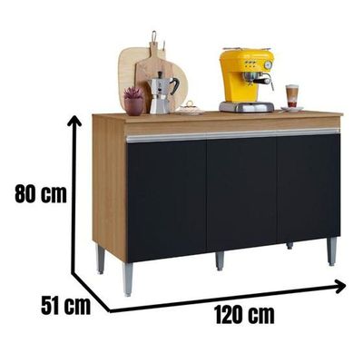 Balcão De Cozinha Para Pia 120cm Manu 3 Portas Sem Tampo Branco Amêndoa/Preto