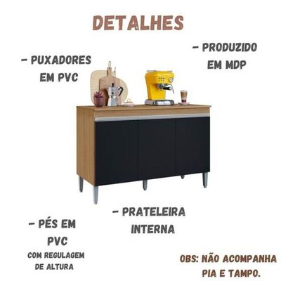 Balcão De Cozinha Para Pia 120cm Manu 3 Portas Sem Tampo Branco Amêndoa/Preto