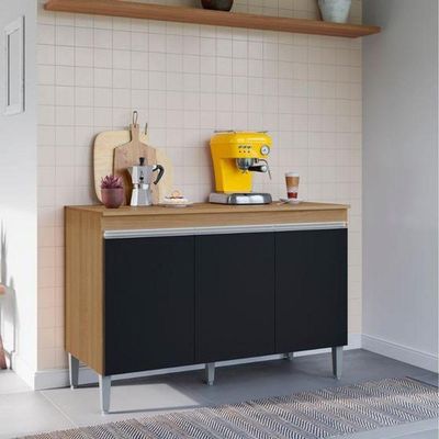 Balcão De Cozinha Para Pia 120cm Manu 3 Portas Sem Tampo Branco Amêndoa/Preto