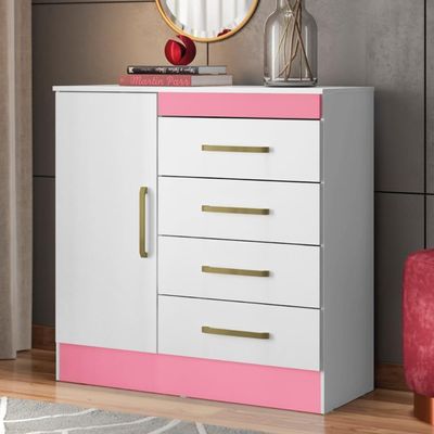 Cômoda 4 Gavetas 1 Porta Montevideu Branco/rosa Flex Demóbile