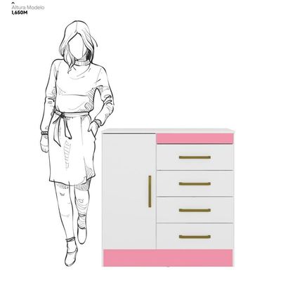 Cômoda 4 Gavetas 1 Porta Montevideu Branco/rosa Flex Demóbile