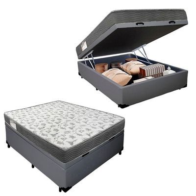 Cama Box Baú Casal Sintético + Colchão De Molas Ensacadas Sereneprime 138x188x62cm Cinza