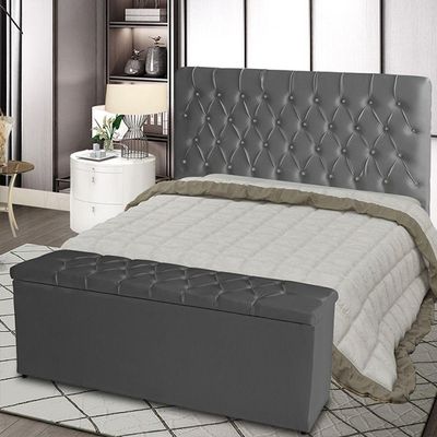 Kit Cabeceira De Cama E Calçadeira Baú Estrela Queen 160 Cm Suede Capitonê Grafite Casa Móveis E Decoração