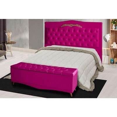 Kit Cabeceira De Cama E Calçadeira Baú Barcelona Capitonê Casal 140 Cm Suede Rosa Pink Casa Móveis E Decoração