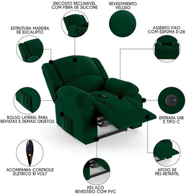 Poltrona Do Papai Reclinável Pietra Controle Power Elétrico Usb Fh9 Veludo Verde - Mpozenato