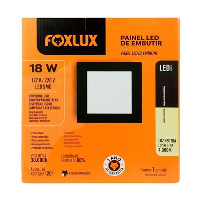 Painel De Led 18 W 4000k Quadrado Embutir Preto Foxlux