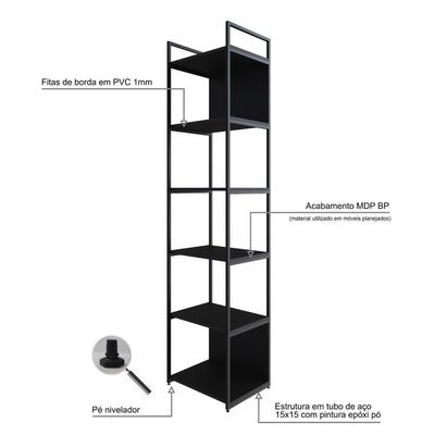 Estante Alta C/06 Prateleiras 185x45x33cm C/fundo Yon Preto Tx/est.preta Preto Tx/est.preta