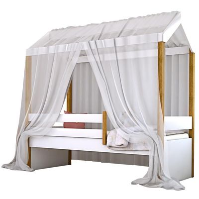 Cama Montessori Exclusiv Solteiro Com Colchão E Voal Branco
