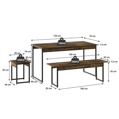 Mesa De Jantar Com 2 Bancos E 2 Banquetas Industrial Tub Carvalho Dark / Est.preta