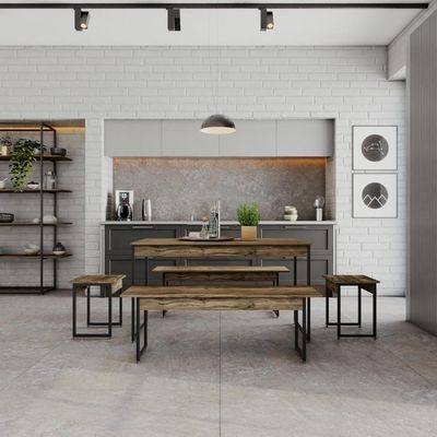 Mesa De Jantar Com 2 Bancos E 2 Banquetas Industrial Tub Carvalho Dark / Est.preta