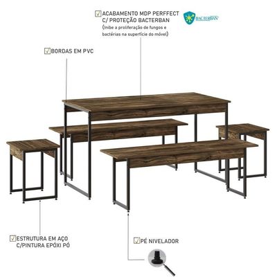 Mesa De Jantar Com 2 Bancos E 2 Banquetas Industrial Tub Carvalho Dark / Est.preta