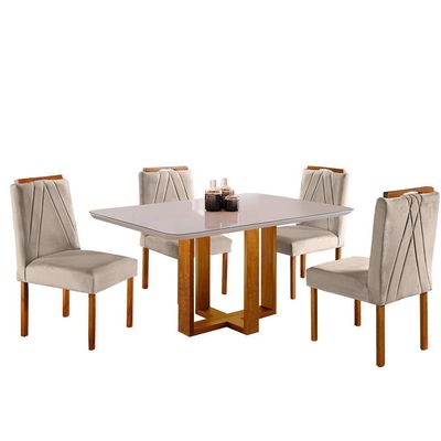 Conjunto Sala De Jantar Mesa E 4 Cadeiras Berlim Bege Móveis Mix Mel/Bege