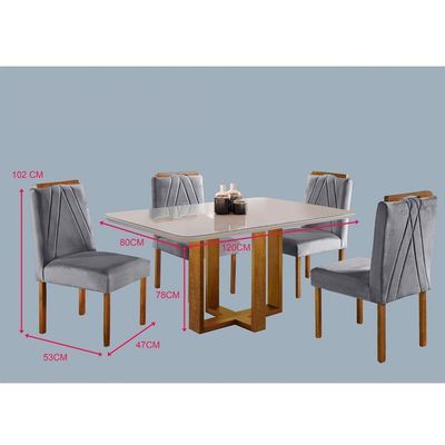 Conjunto Sala De Jantar Mesa Tampo De Vidro 4 Cadeiras Lisboa Mundial Móveis Mel/Cinza Mel/Cinza